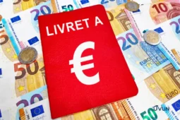 Livret A rouge entouré de billets et de pièces en euros.