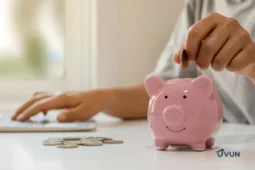 Une main insère une pièce dans une tirelire cochon rose, symbolisant l'action d'éviter les erreurs d'épargne